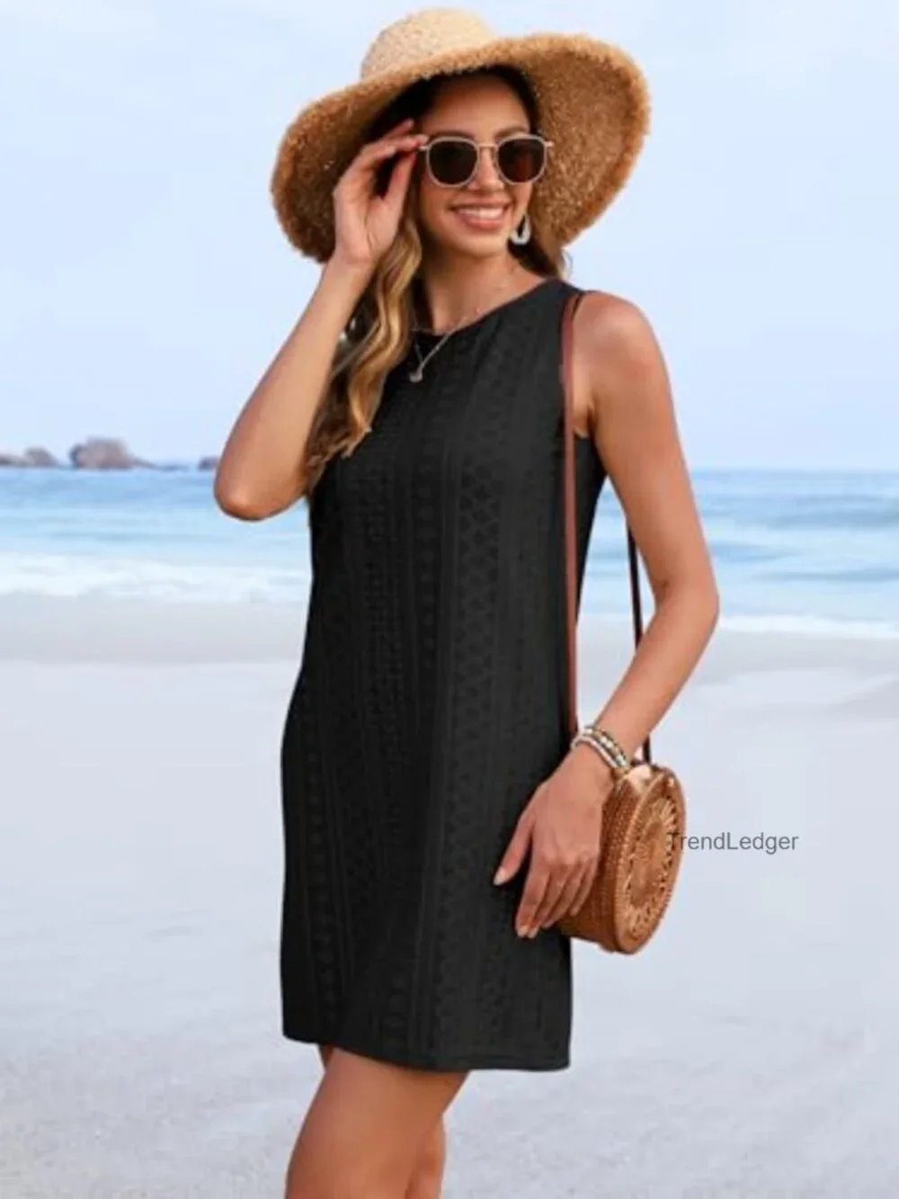 Eyelet Sleeveless Swing Beach Dress Cover Up Midi